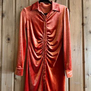 Velvet Ruched Burnt Orange Long Sleeve Mini Dress